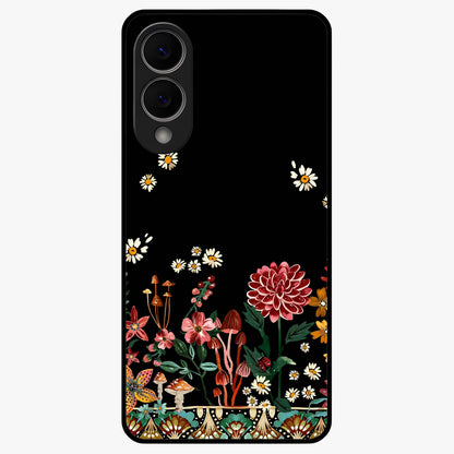 Midnight Bloom Pattern Glass Case showing flat back view with dark floral pattern artwork and glossy glass finish.
