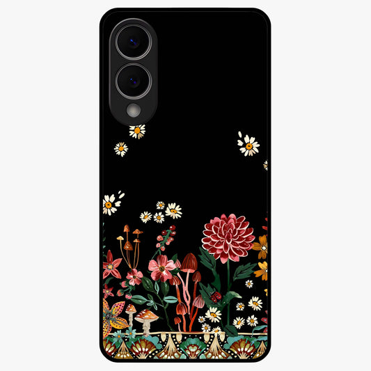 Midnight Bloom Pattern Glass Case showing flat back view with dark floral pattern artwork and glossy glass finish.