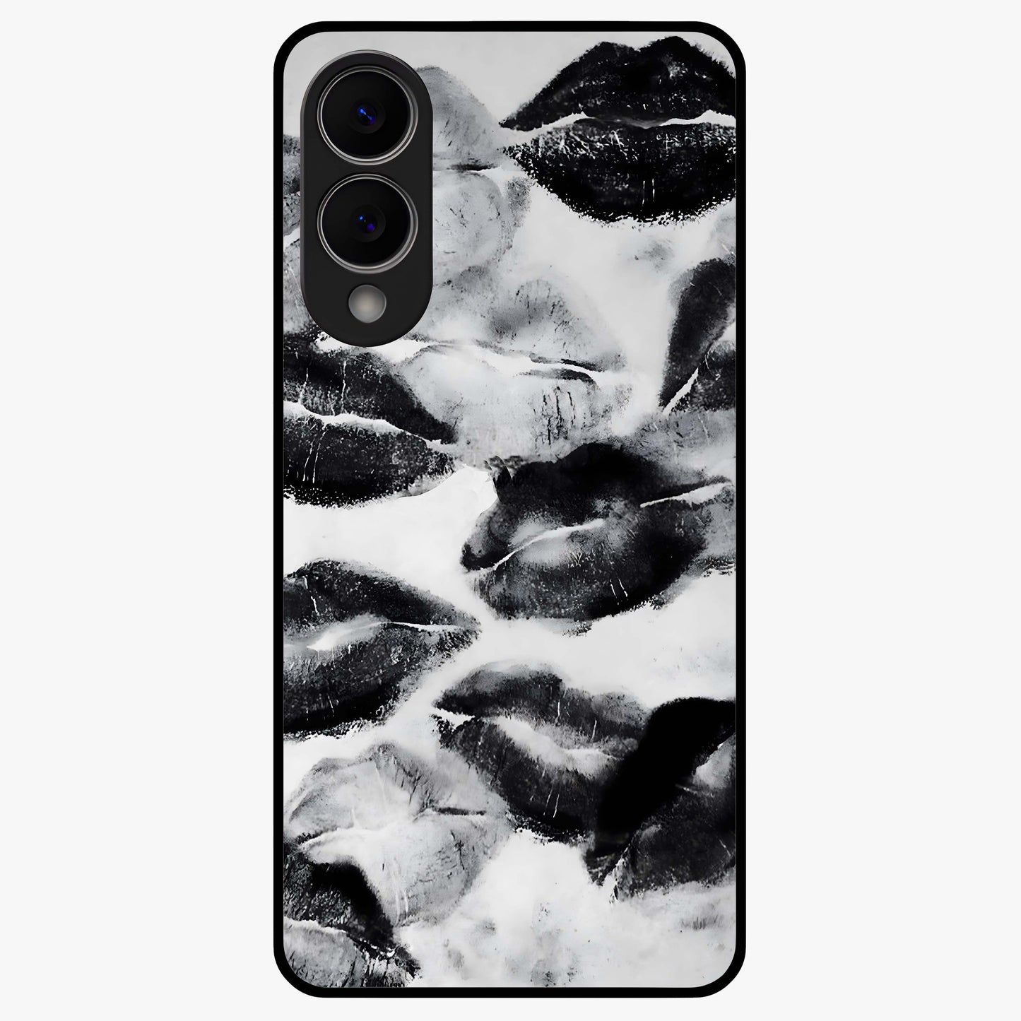 Midnight Kiss Marks Glass Case showing flat back view with lipstick kiss mark artwork and glossy glass finish.
