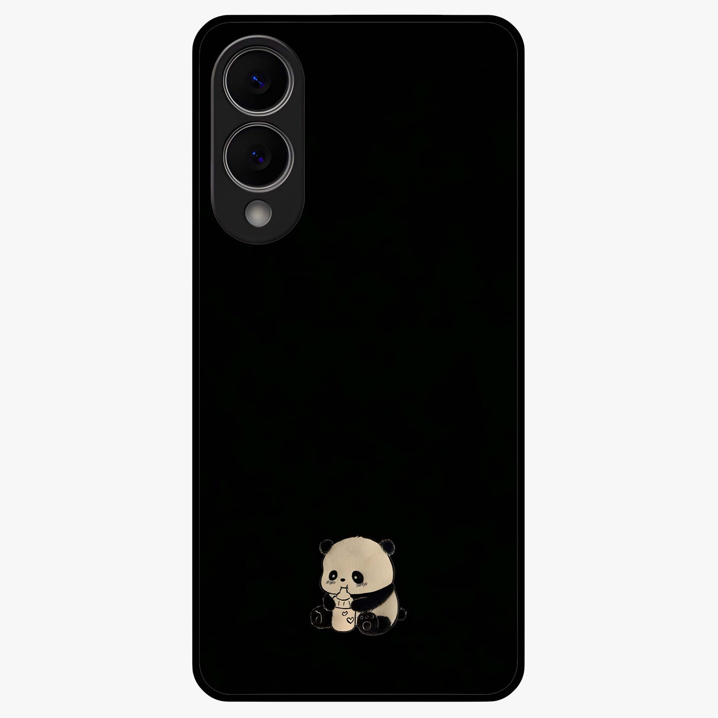 Midnight Panda Love Glass Case showing flat back view with cute panda themed artwork and glossy glass finish.