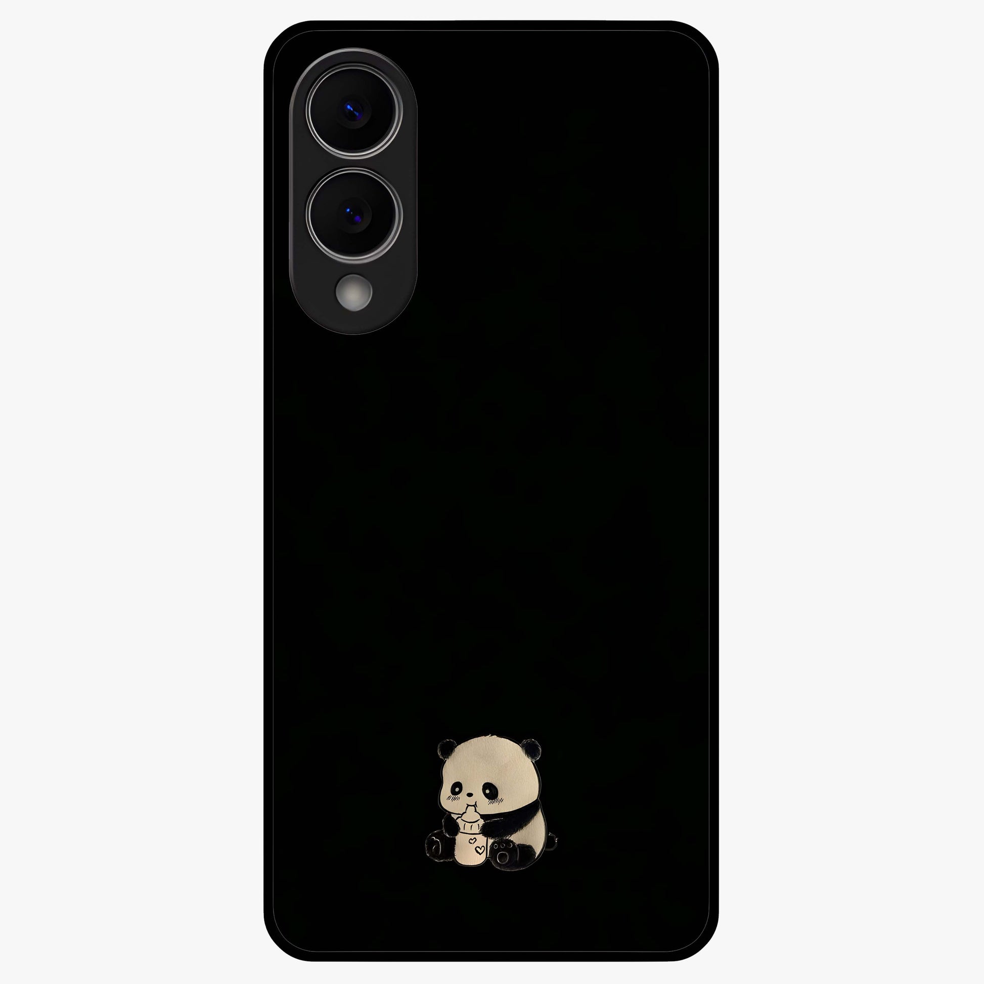 Midnight Panda Love Glass Case showing flat back view with cute panda themed artwork and glossy glass finish.