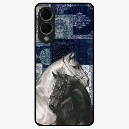 Midnight Stallion Blues Glass Case showing flat back view with majestic horse artwork and glossy glass finish.