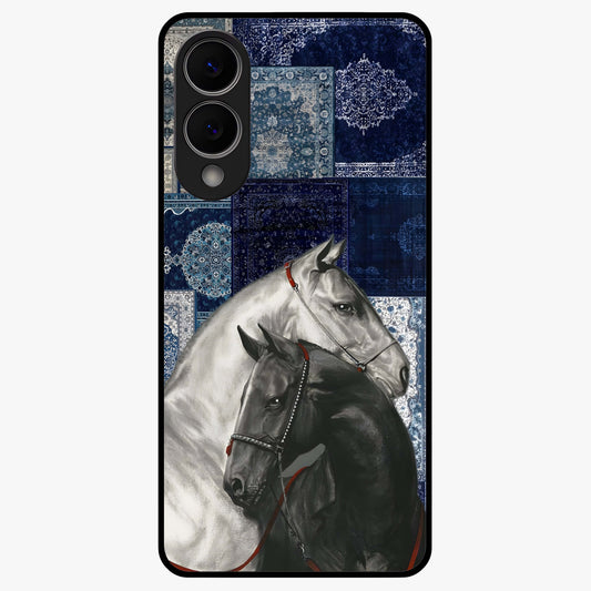Midnight Stallion Blues Glass Case showing flat back view with majestic horse artwork and glossy glass finish.