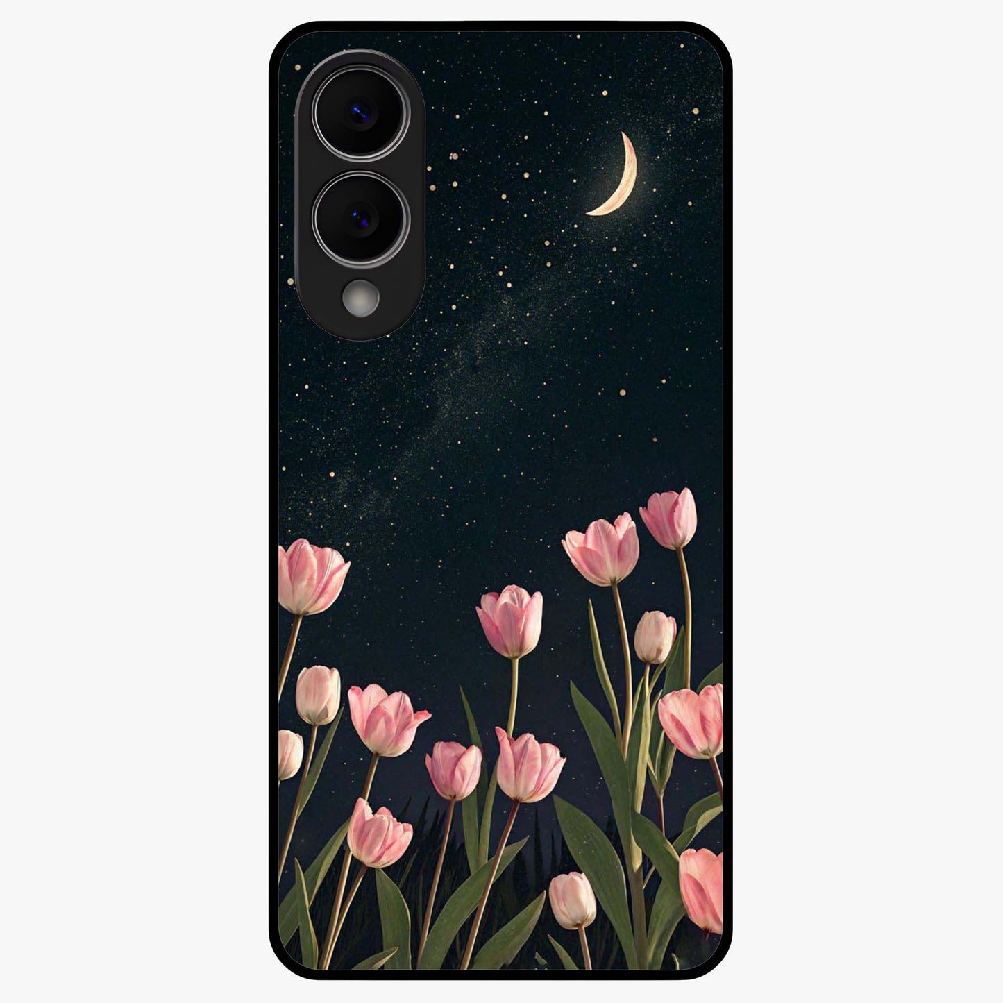 Midnight Tulip Whispers Vibe Glass Case showing flat back view with elegant tulip flower artwork and glossy glass finish.