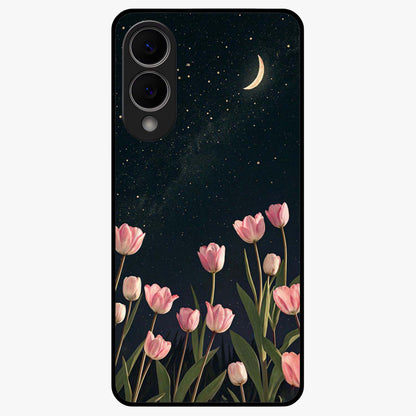 Midnight Tulip Whispers Vibe Glass Case showing flat back view with elegant tulip flower artwork and glossy glass finish.