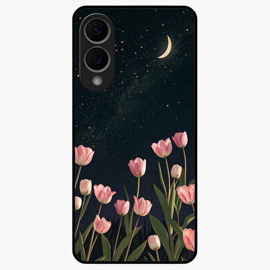 Midnight Tulip Whispers Vibe Glass Case showing flat back view with elegant tulip flower artwork and glossy glass finish.