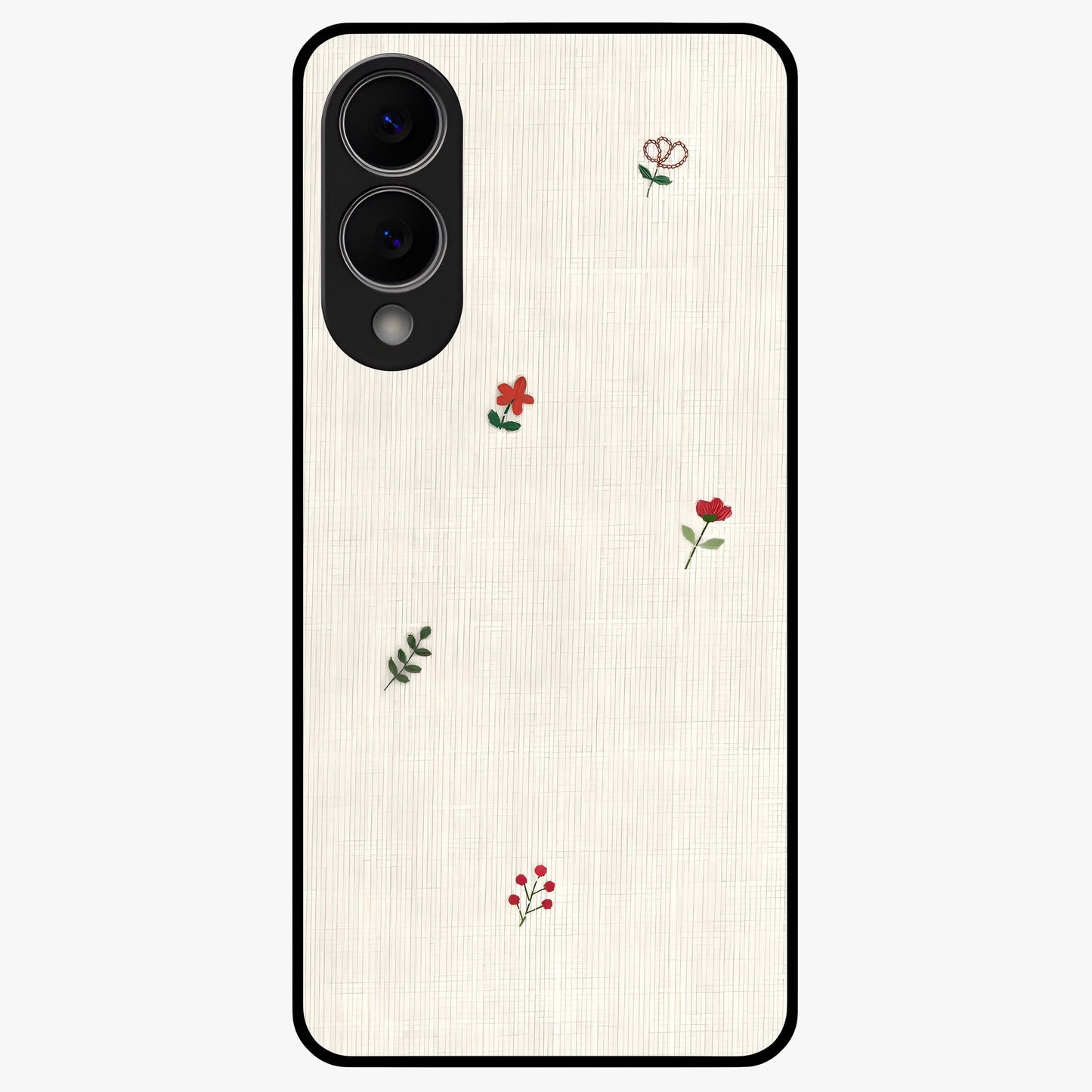Minimal Petal Whispers Glass Case showing flat back view with soft minimal floral artwork and glossy glass finish.