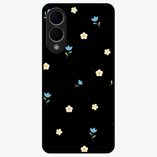 Minimalistic Blue With White Flower Pattern Glass Case showing flat back view with blue background and white flower pattern and glossy glass finish.