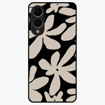 Monochrome Petal Dance Glass Case showing flat back view with monochrome floral artwork and glossy glass finish.