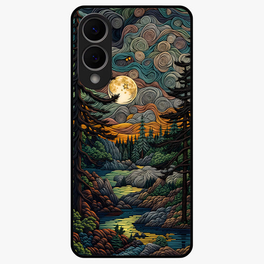 Moonlight Forest Dream Glass Case showing flat back view with mystical forest moonlight artwork and glossy glass finish.