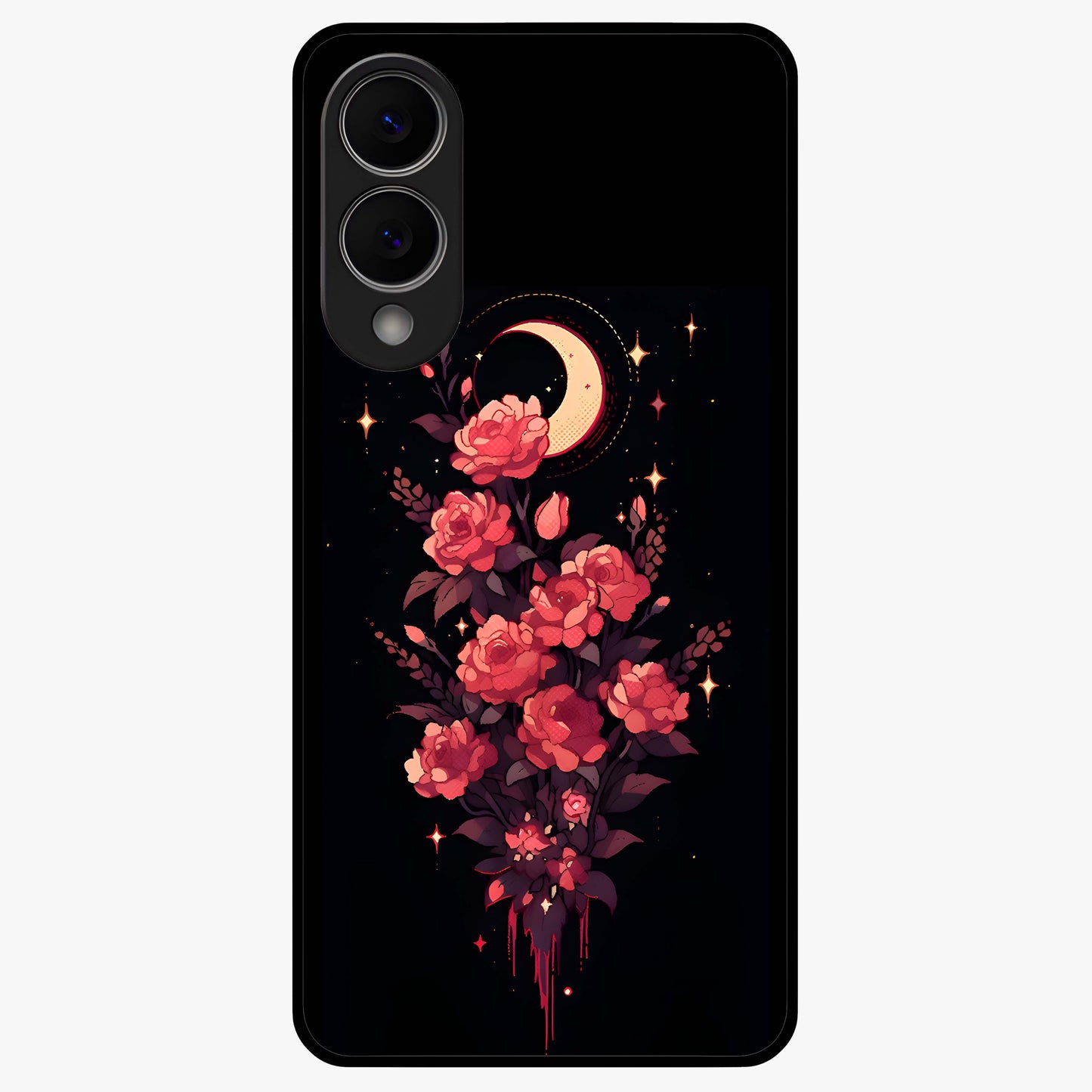 Moonlit Floral Elegance Glass Case showing flat back view with elegant floral artwork under moonlit tones and glossy glass finish.