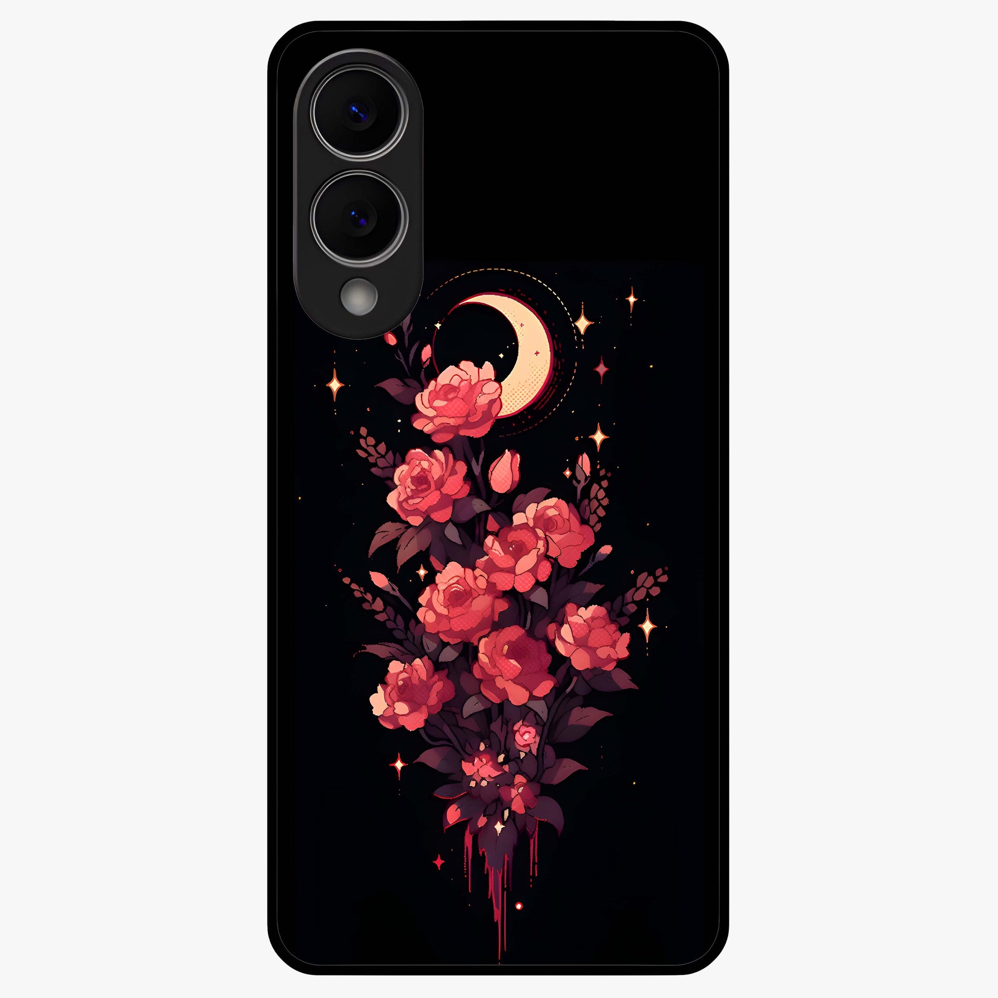 Moonlit Floral Elegance Glass Case showing flat back view with elegant floral artwork under moonlit tones and glossy glass finish.