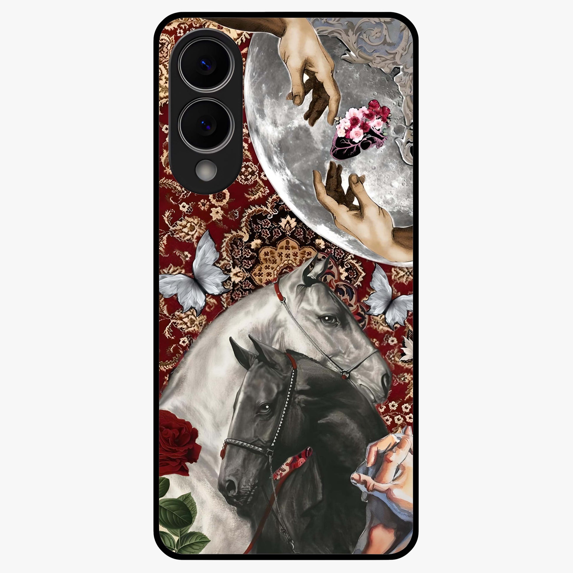 Moonlit Royal Stallion Glass Case showing flat back view with majestic horse under moonlight artwork and glossy glass finish.