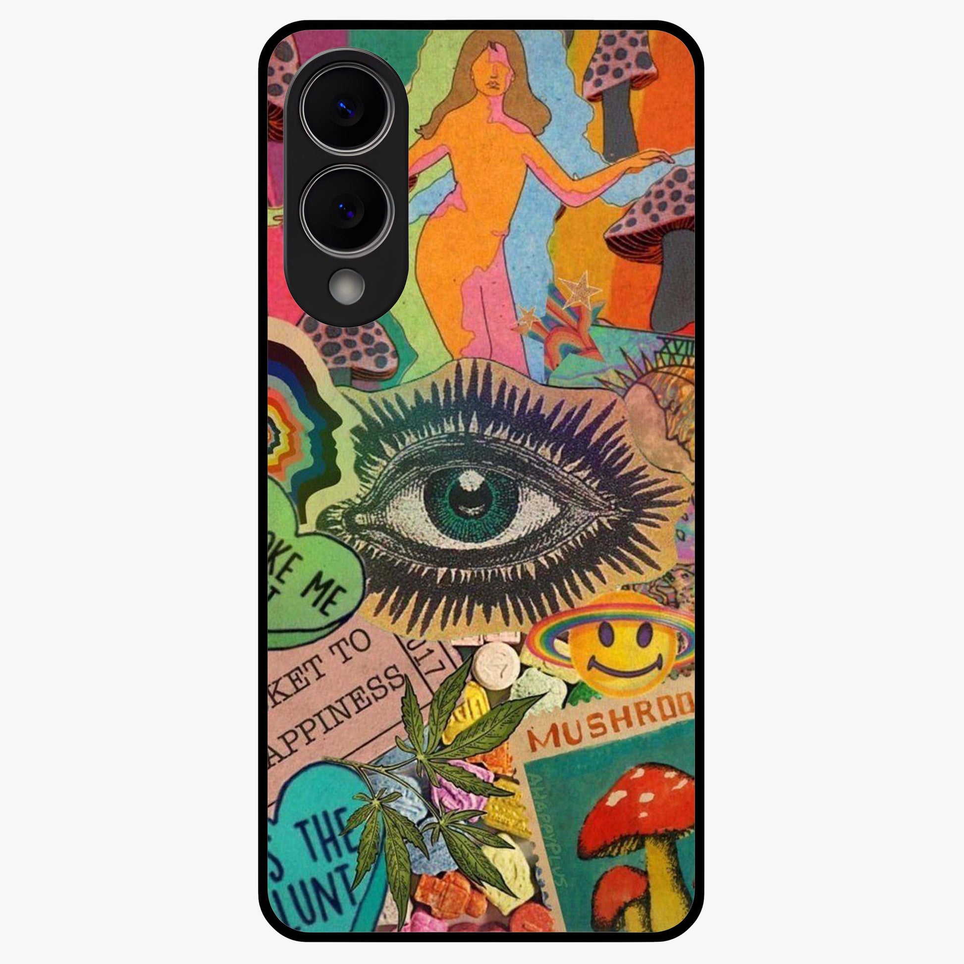 Mystic Eye Wonderland Glass Case showing flat back view with mystical eye themed artwork and glossy glass finish.