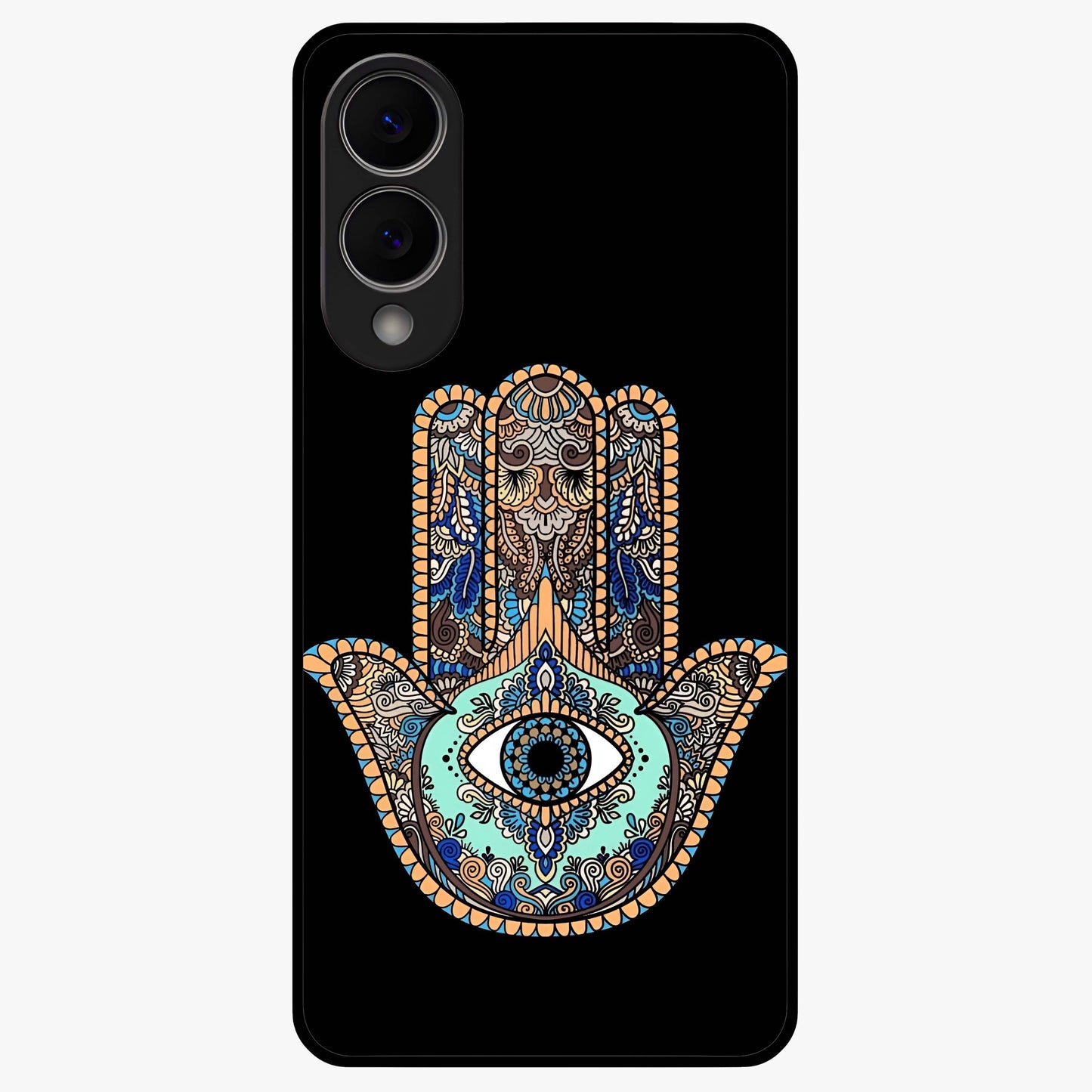 Mystic Hamsa Eye Glass Case showing flat back view with protective hamsa hand and evil eye artwork and glossy glass finish.