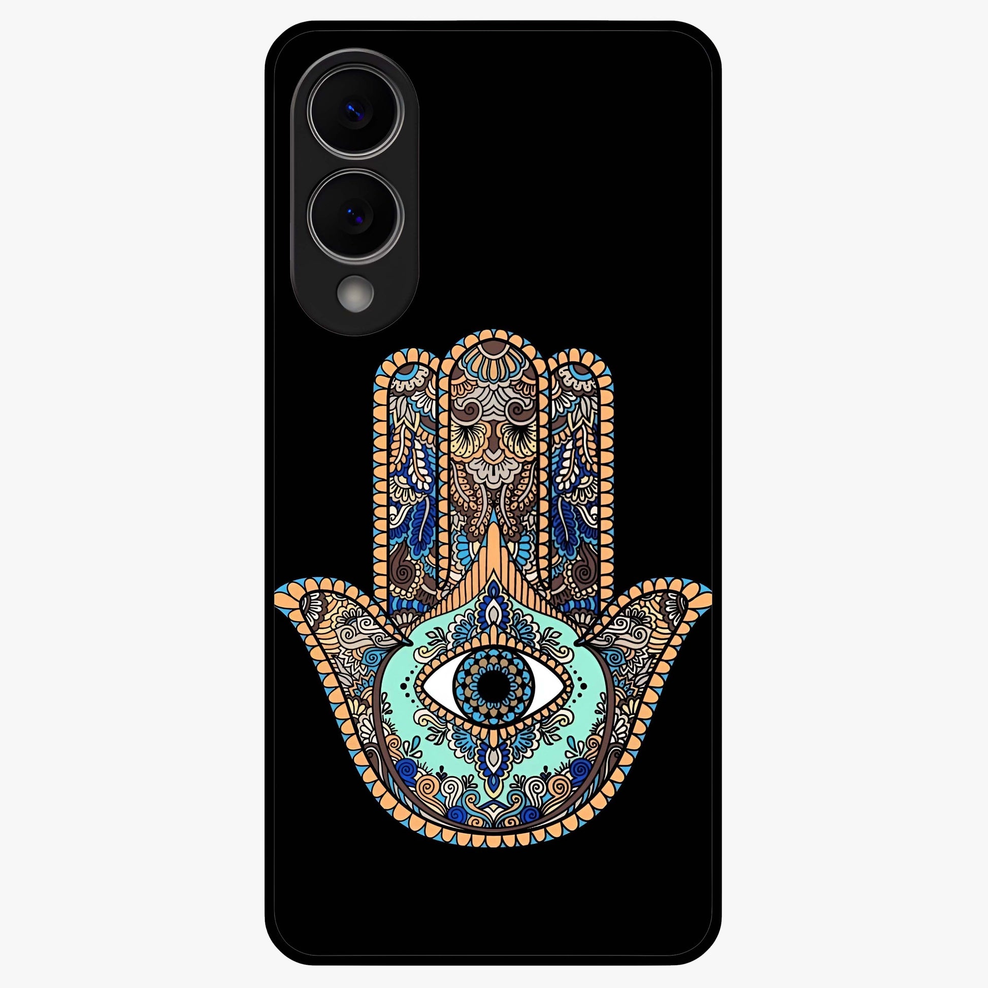 Mystic Hamsa Eye Glass Case showing flat back view with protective hamsa hand and evil eye artwork and glossy glass finish.