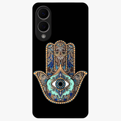 Mystic Hamsa Eye Glass Case showing flat back view with protective hamsa hand and evil eye artwork and glossy glass finish.