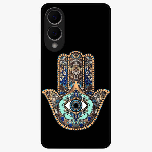 Mystic Hamsa Eye Glass Case showing flat back view with protective hamsa hand and evil eye artwork and glossy glass finish.