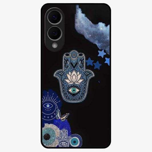 Mystic Hand Aura Glass Case showing flat back view with mystical hand symbol artwork and glossy glass finish.