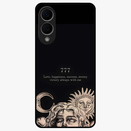 Mystic Victory Aura Glass Case showing flat back view with victory symbol artwork and glossy glass finish.