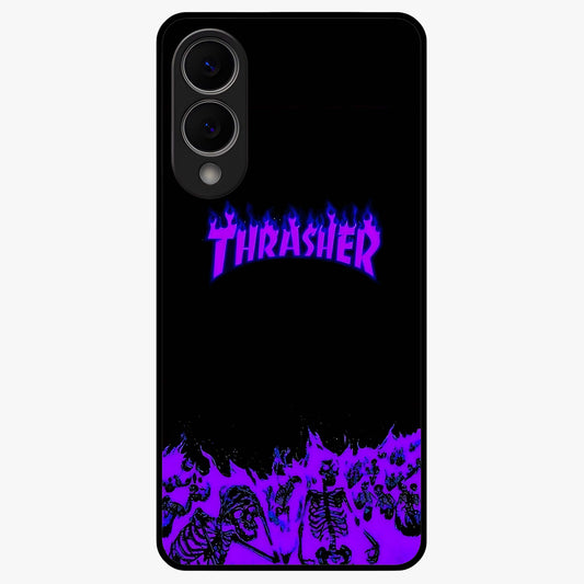 Neon Flame Riot Glass Case showing flat back view with neon flame artwork and glossy glass finish.