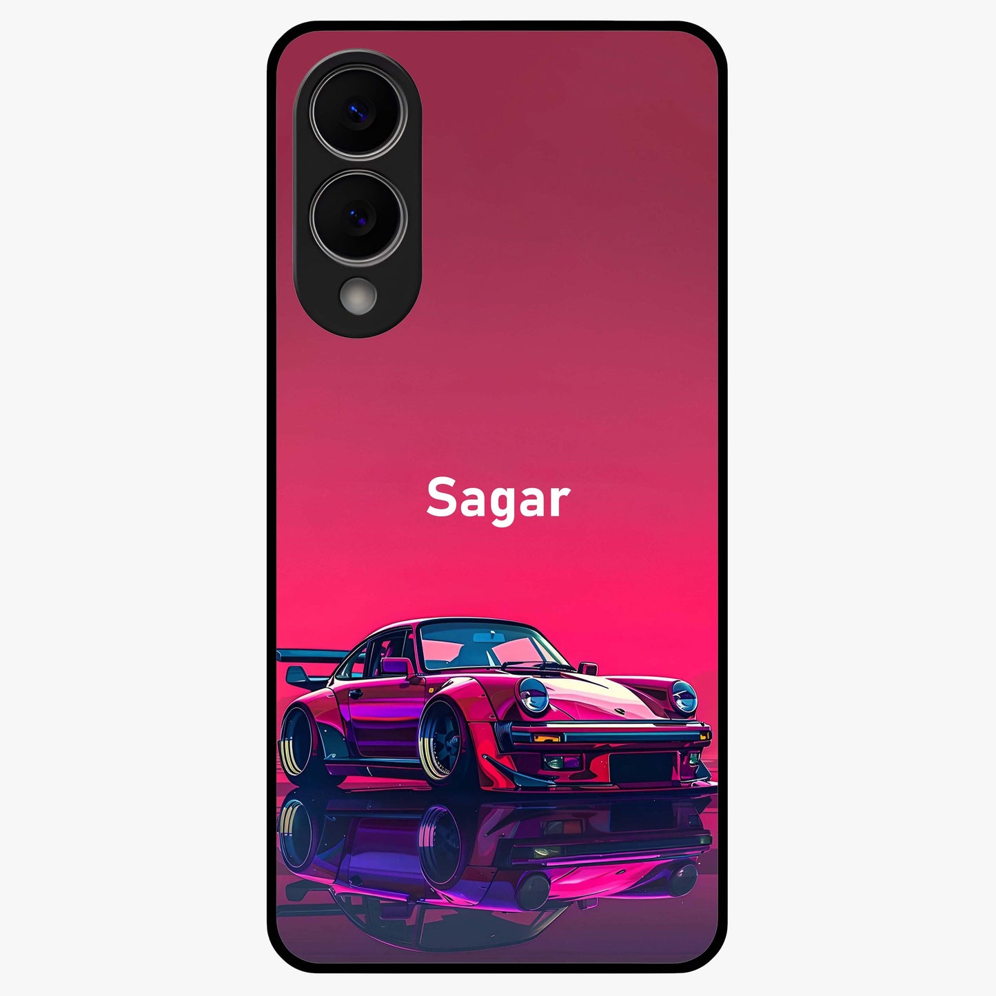 Neon Pink Porsche Glass Case showing flat back view with stylish sports car artwork and glossy glass finish.