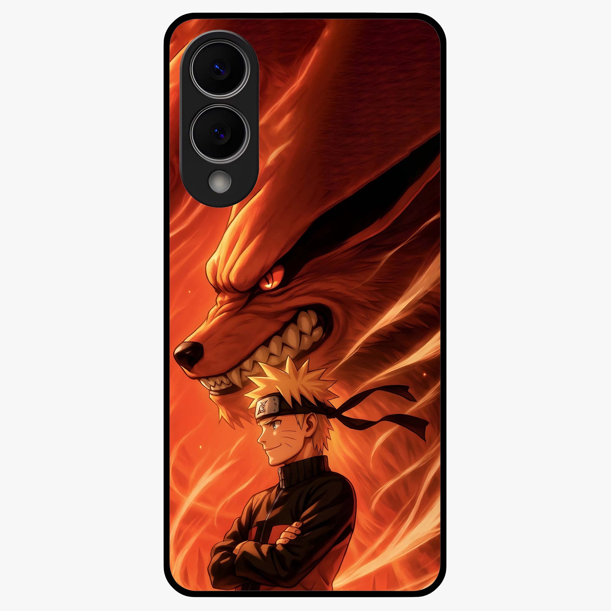 Nine Tails Legacy Glass Case showing flat back view with powerful nine-tailed fox inspired artwork and glossy glass finish.