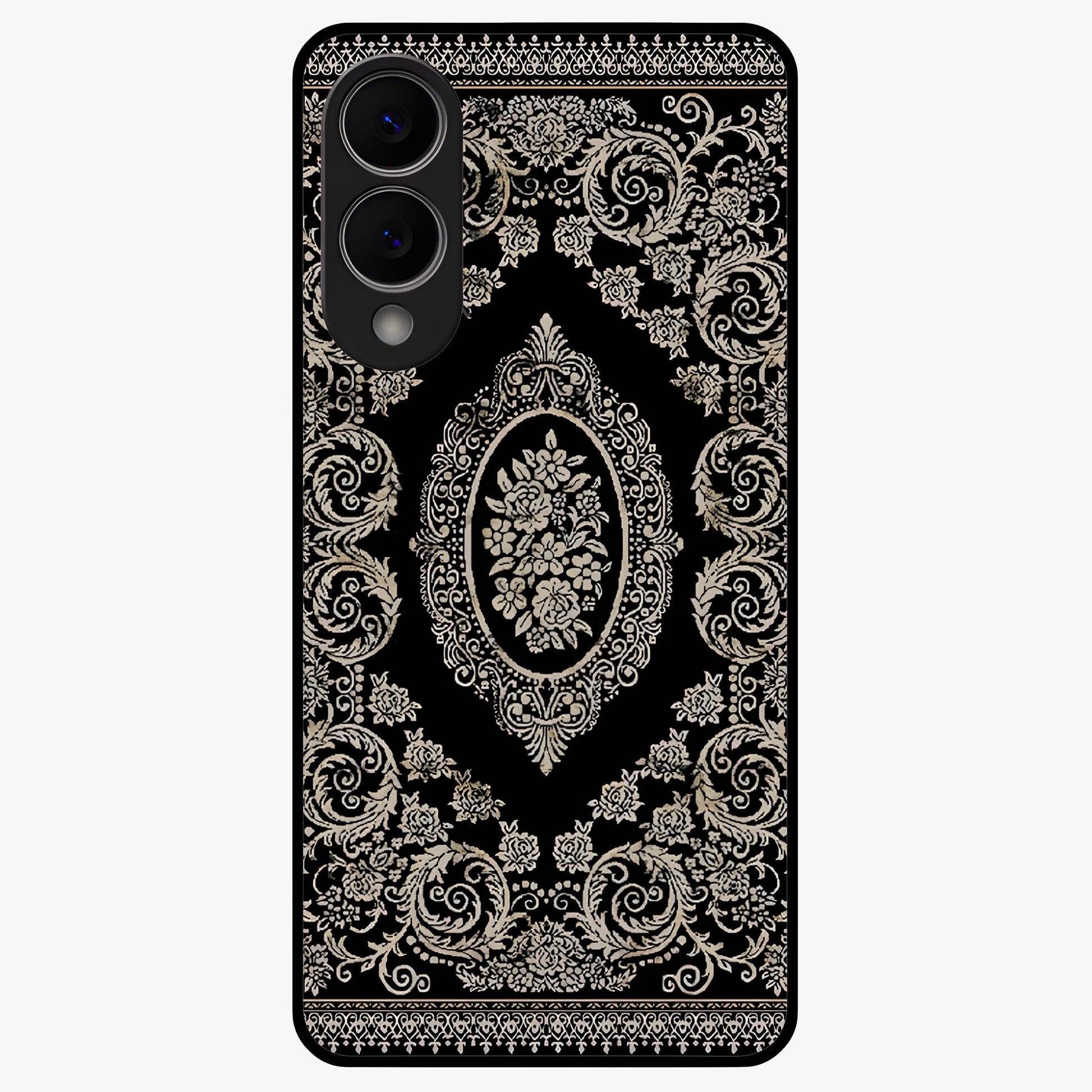 Noir Bloom Elegance Glass Case showing flat back view with elegant dark floral artwork and glossy glass finish.