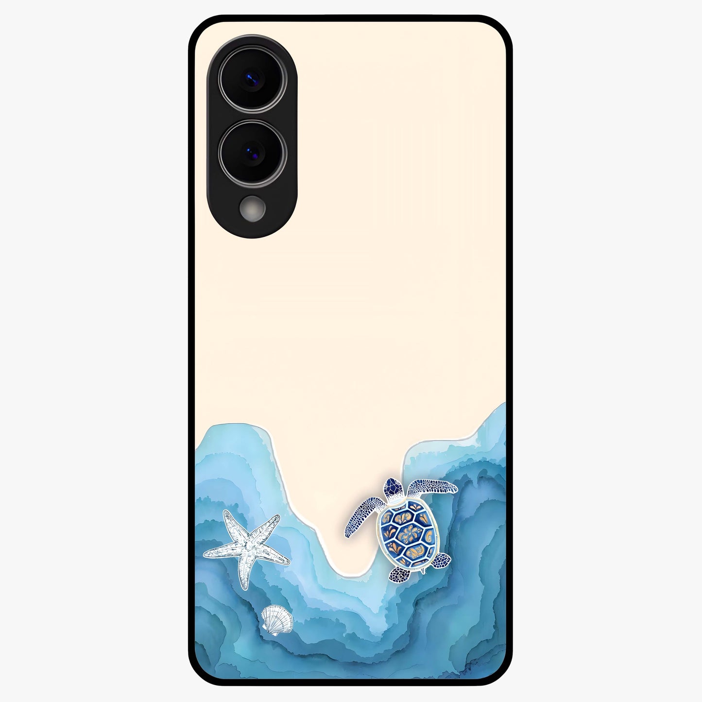 Ocean Drift Turtle Glass Case showing flat back view with sea turtle artwork and glossy glass finish.