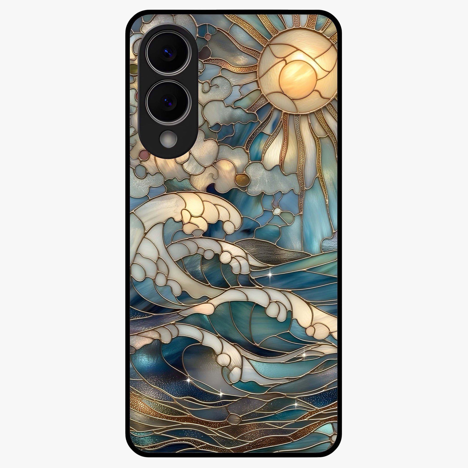 Oceanic Stained Printed Glass Case showing flat back view with ocean inspired stained pattern artwork and glossy glass finish.