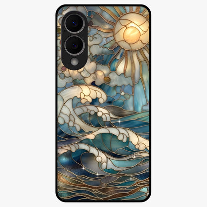 Oceanic Stained Printed Glass Case showing flat back view with ocean inspired stained pattern artwork and glossy glass finish.