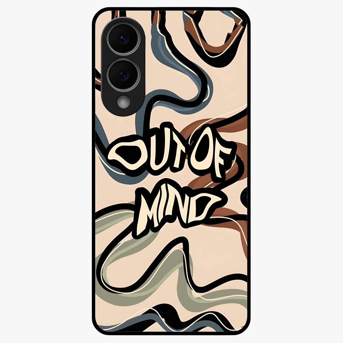 Out Of Mind Glass Case showing flat back view with expressive typography artwork and glossy glass finish.