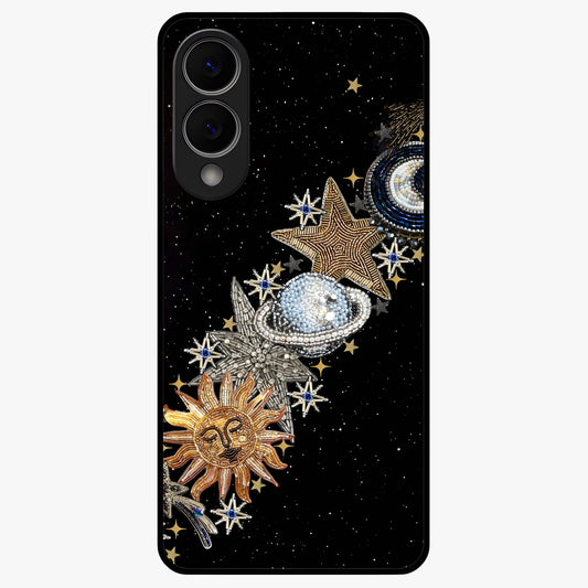 Pearls Universe Object Glass Case showing flat back view with pearl inspired cosmic artwork and glossy glass finish.