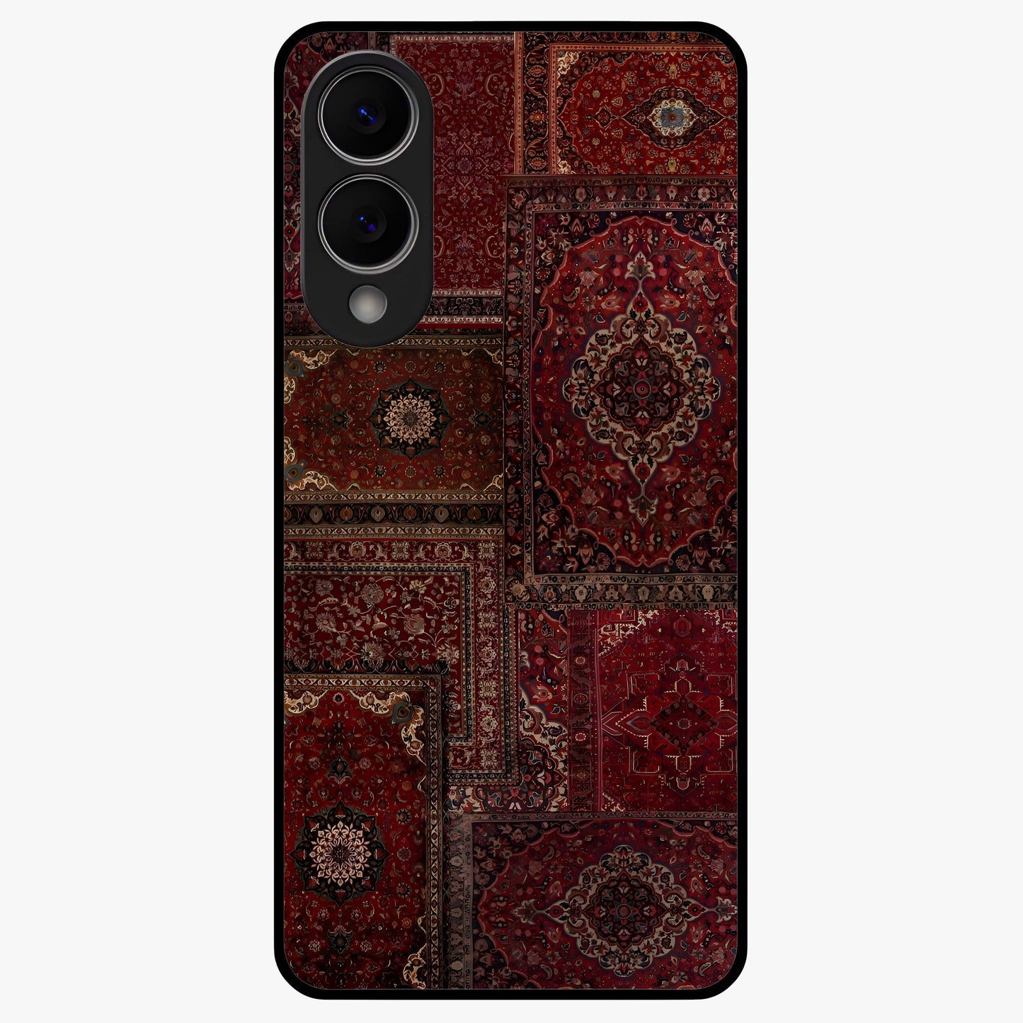 Persian Velvet Tale Glass Case showing flat back view with luxurious Persian velvet pattern artwork and glossy glass finish.