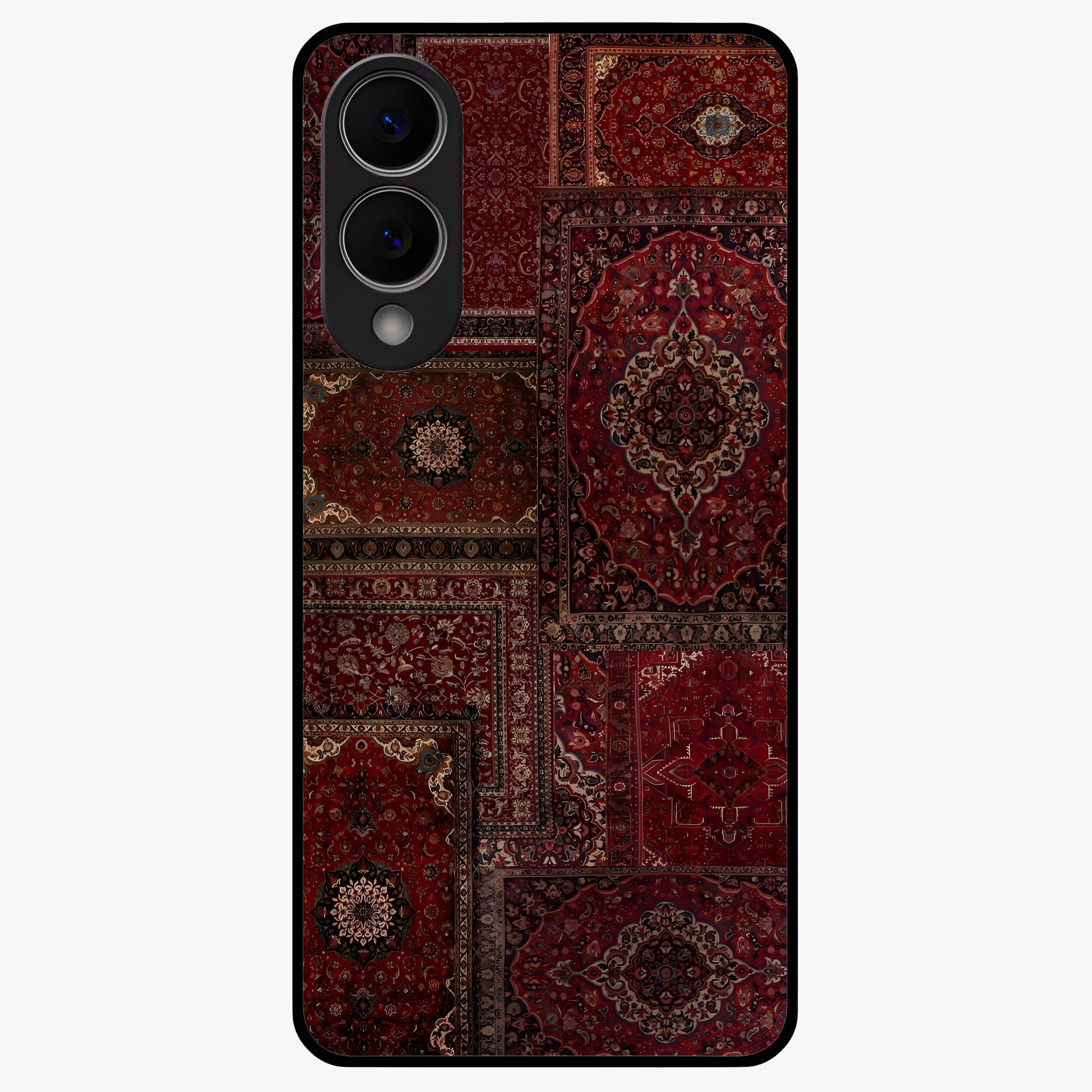 Persian Velvet Tale Glass Case showing flat back view with luxurious Persian velvet pattern artwork and glossy glass finish.