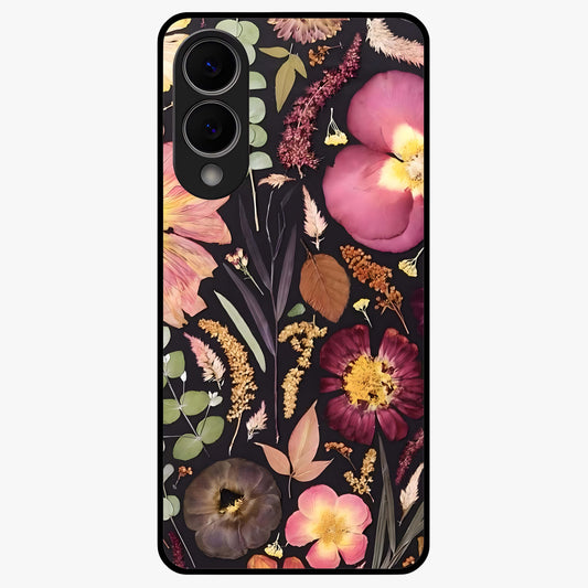 Petal Dream Tapestry Glass Case showing flat back view with intricate floral tapestry artwork and glossy glass finish.