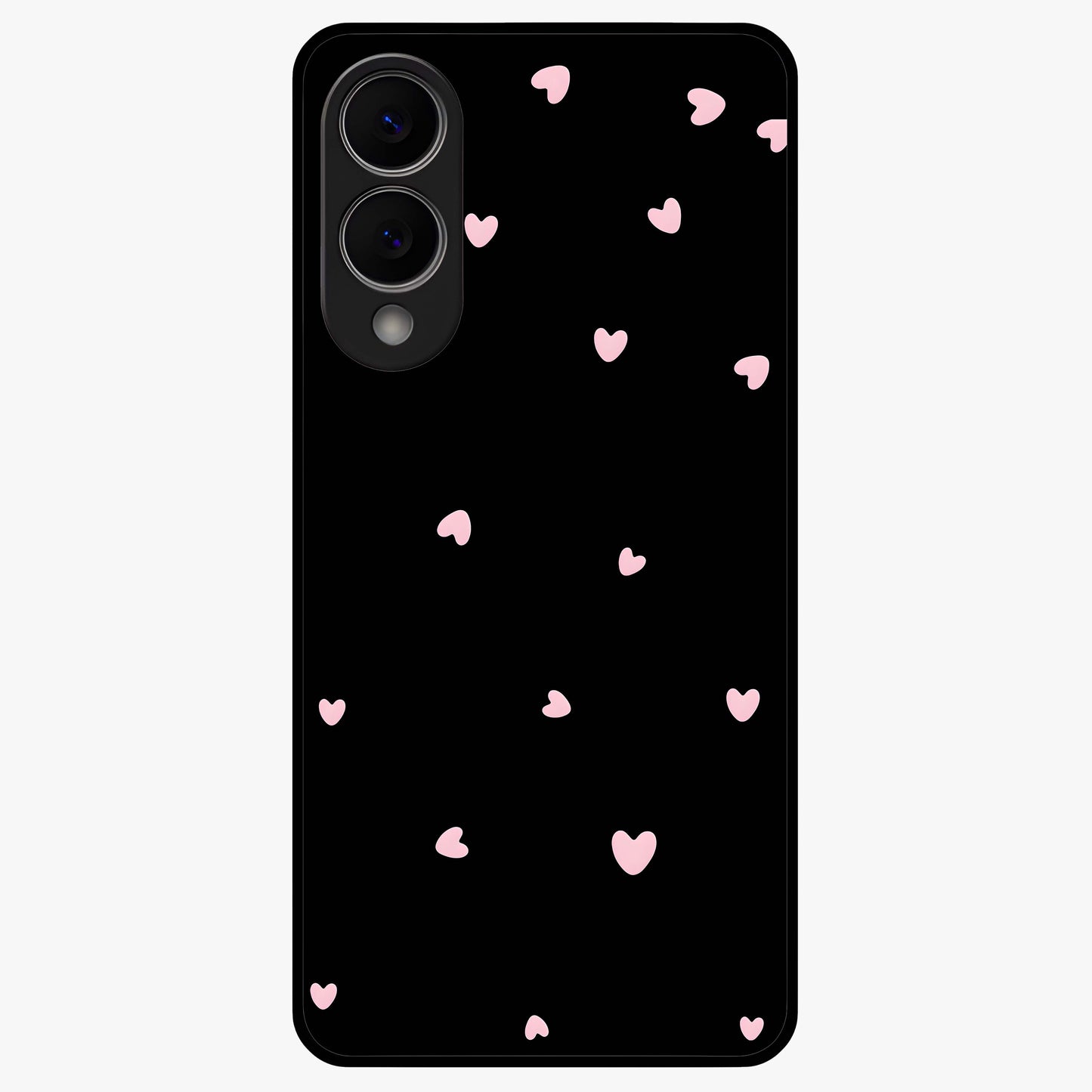 Pink Love Drops Glass Case showing flat back view with playful pink heart drops artwork and glossy glass finish.