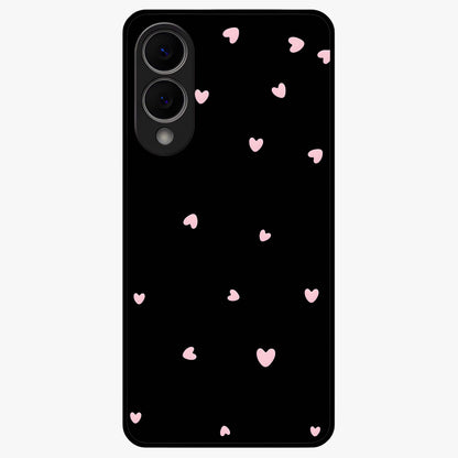 Pink Love Drops Glass Case showing flat back view with playful pink heart drops artwork and glossy glass finish.