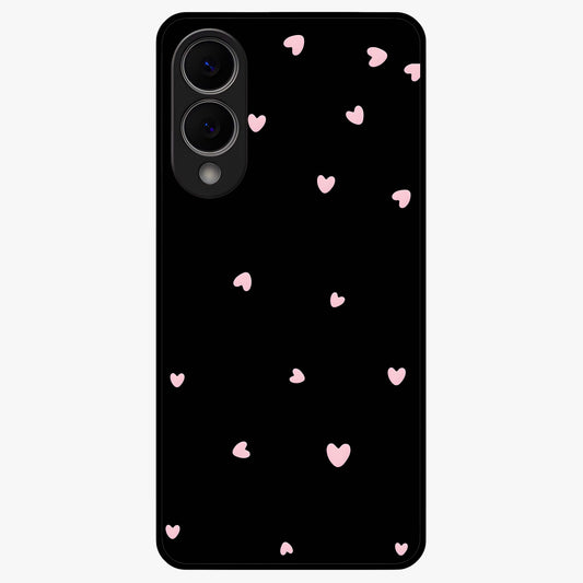 Pink Love Drops Glass Case showing flat back view with playful pink heart drops artwork and glossy glass finish.