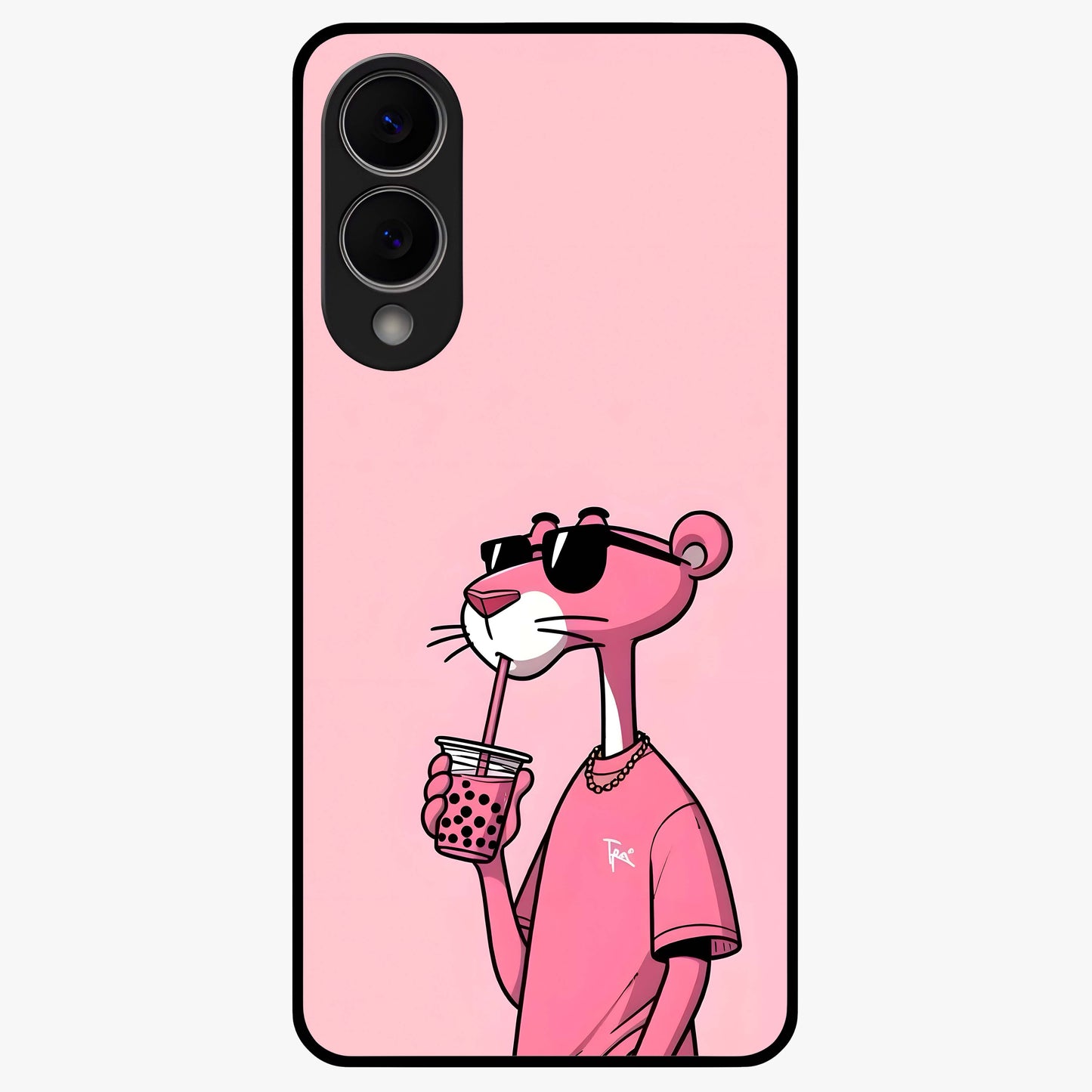 Pink Panther Glass Case showing flat back view with iconic pink panther artwork and glossy glass finish.