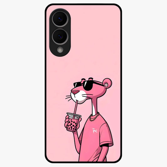 Pink Panther Glass Case showing flat back view with iconic pink panther artwork and glossy glass finish.
