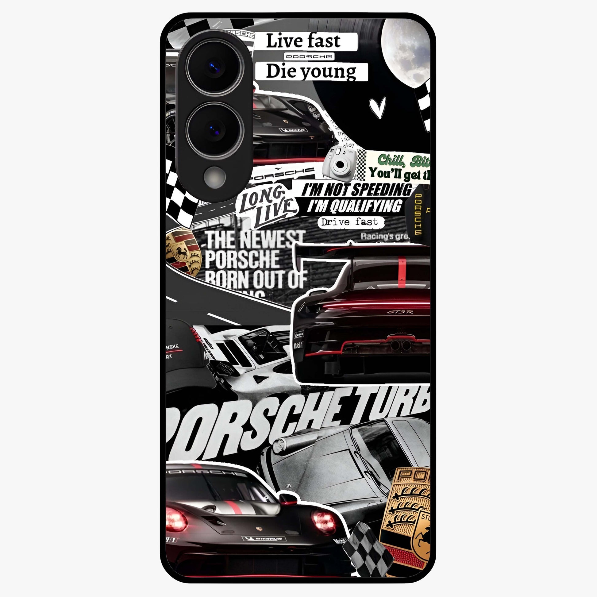 Porsche Racing Collage Glass Case showing flat back view with sports car racing collage artwork and glossy glass finish.