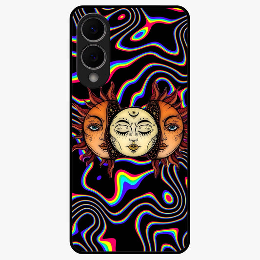 Psychedelic Sun Glass Case showing flat back view with colorful psychedelic sun artwork and glossy glass finish.