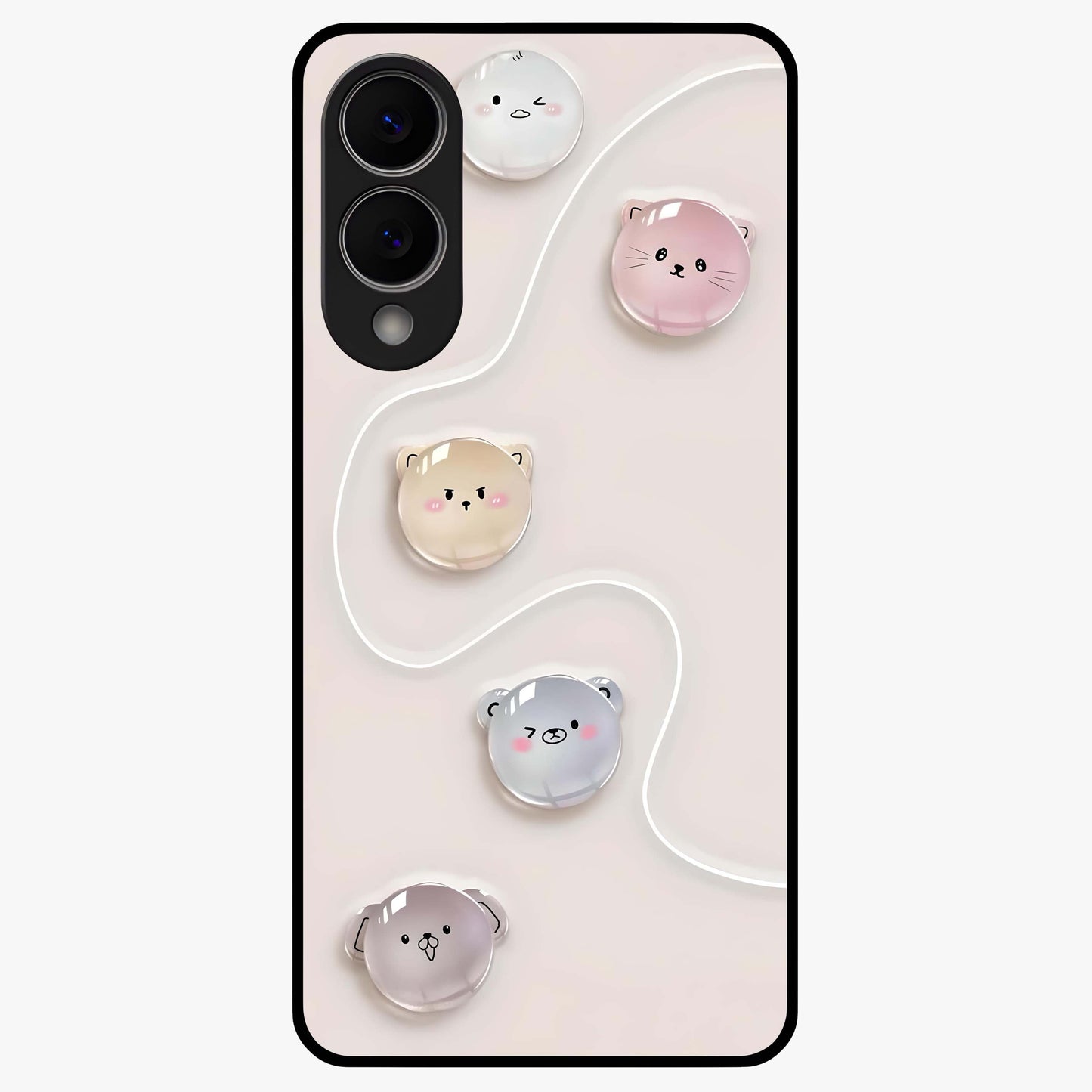 Puffy Face Parade Glass Case showing flat back view with cute puffy character faces artwork and glossy glass finish.