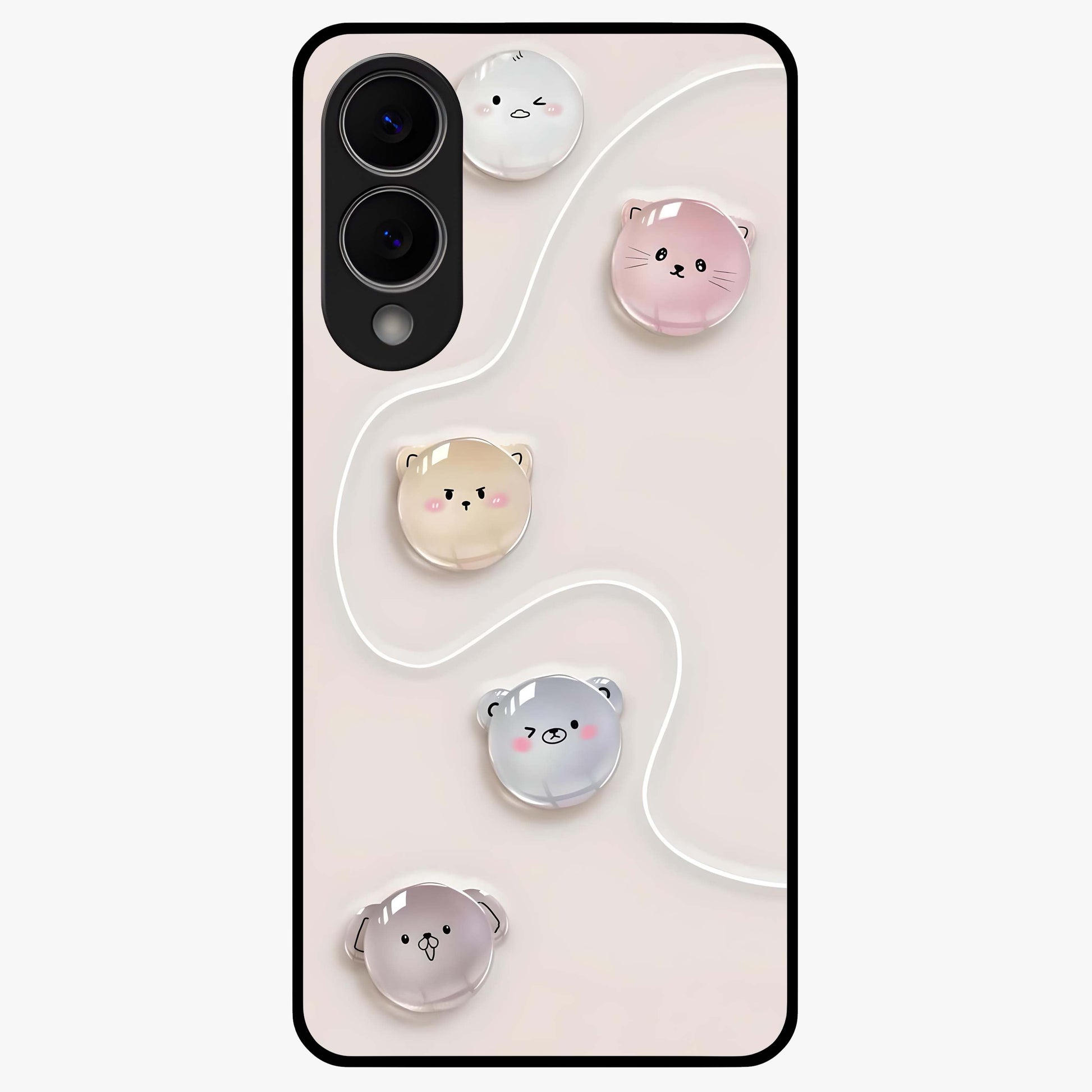 Puffy Face Parade Glass Case showing flat back view with cute puffy character faces artwork and glossy glass finish.