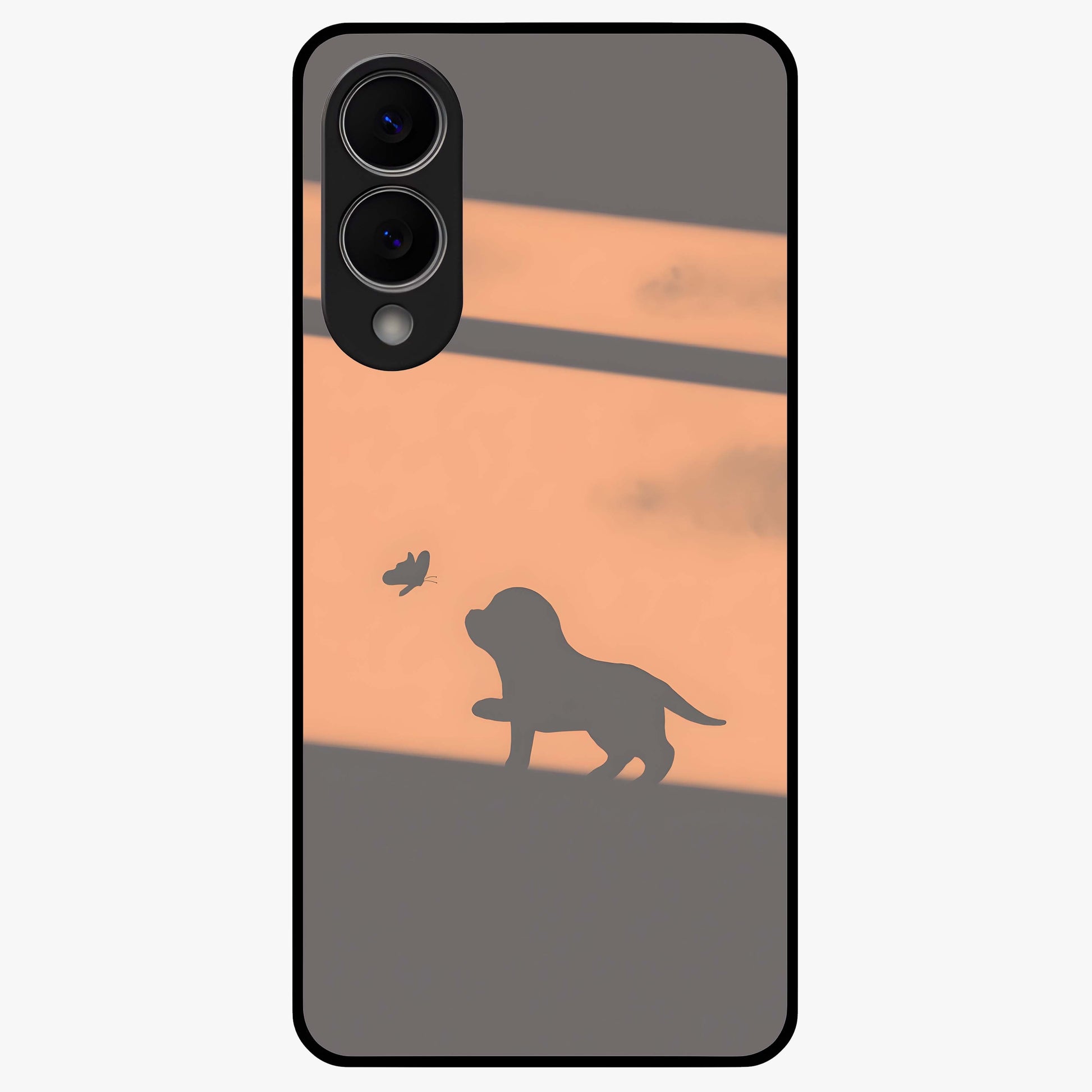 Puppy Shadow Art Glass Case showing flat back view with cute puppy shadow style artwork and glossy glass finish.