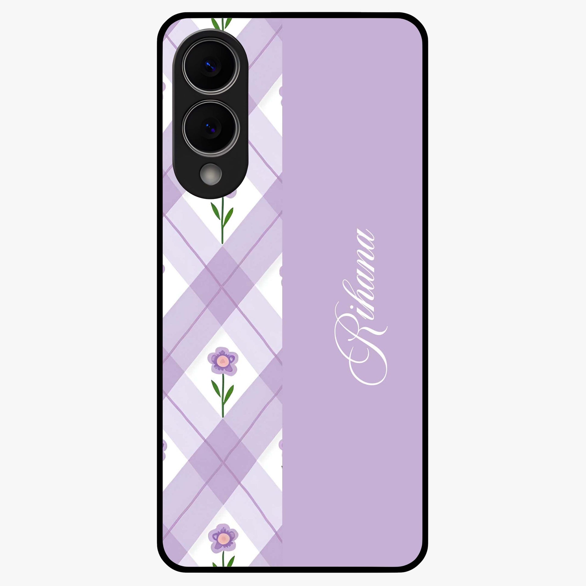 Purple Diamond Floral Glass Case showing flat back view with diamond shaped floral artwork and glossy glass finish.