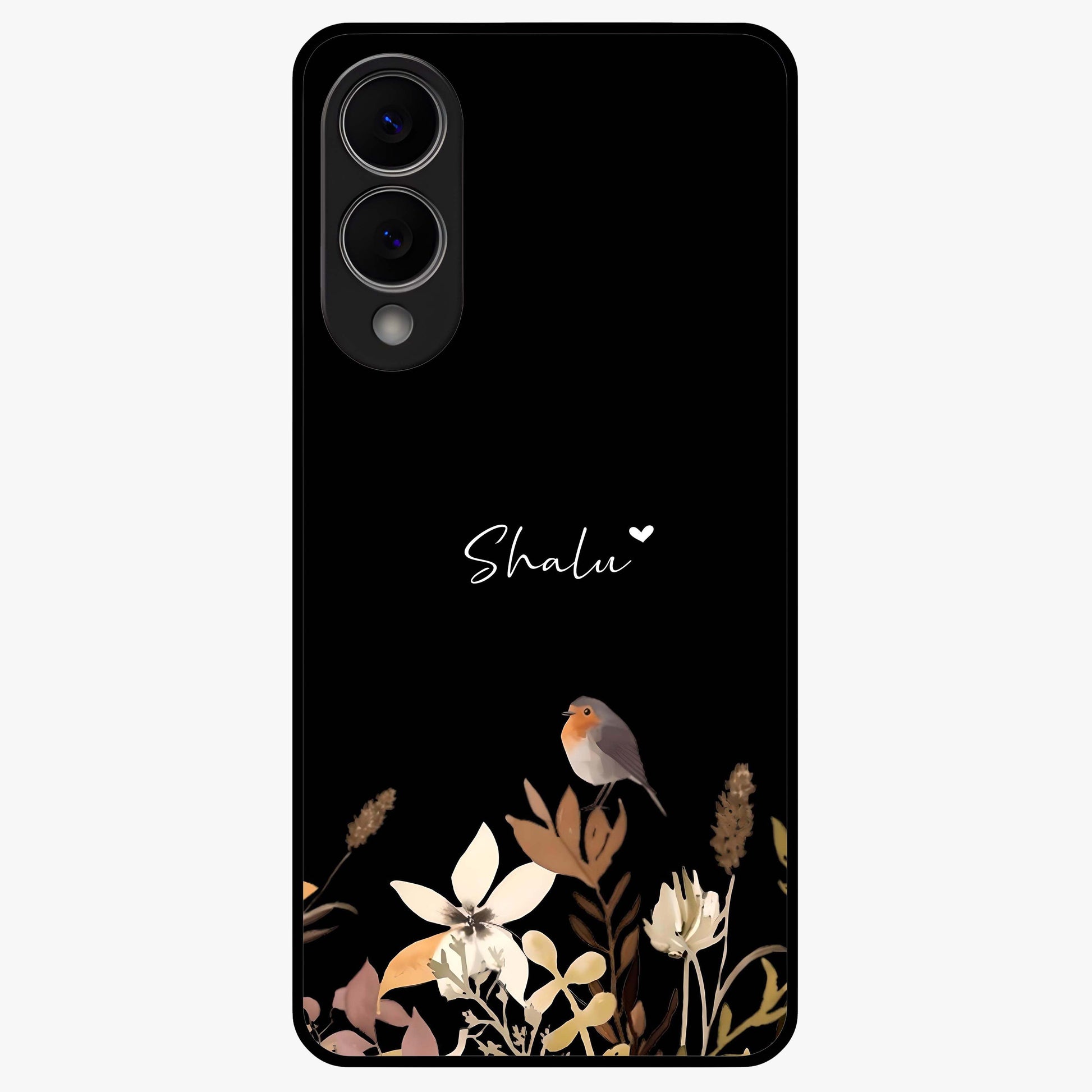 Quiet Garden Tune Custom Name Glass Case showing flat back view with peaceful garden artwork and personalized name design.