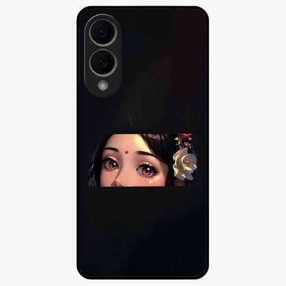 Radha Divine Embrace Glass Case showing flat back view with devotional Radha artwork and glossy glass finish.
