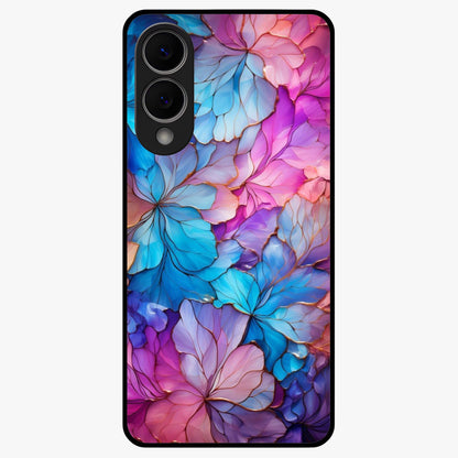 Radiant Floral Whirl Glass Case showing flat back view with swirling floral artwork and glossy glass finish.